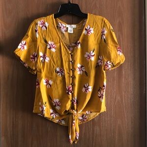 Golden floral front tie button up top